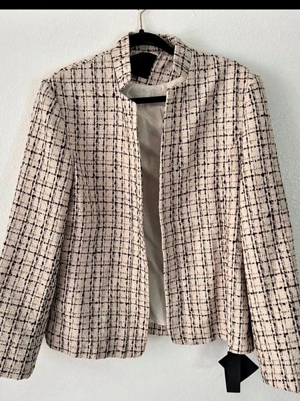 Mina Self Tweed-Style Checkered Blazer in Cream & Brown Size XL NWT